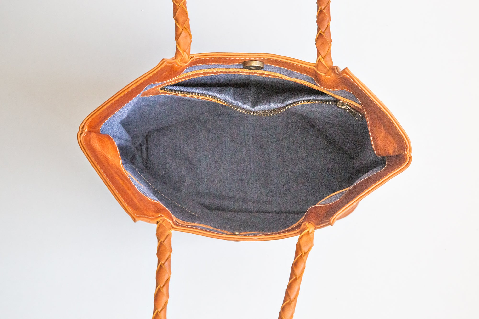 Lauren Reed Co Leather Tote bag with upcycled sustainable denim jean lining