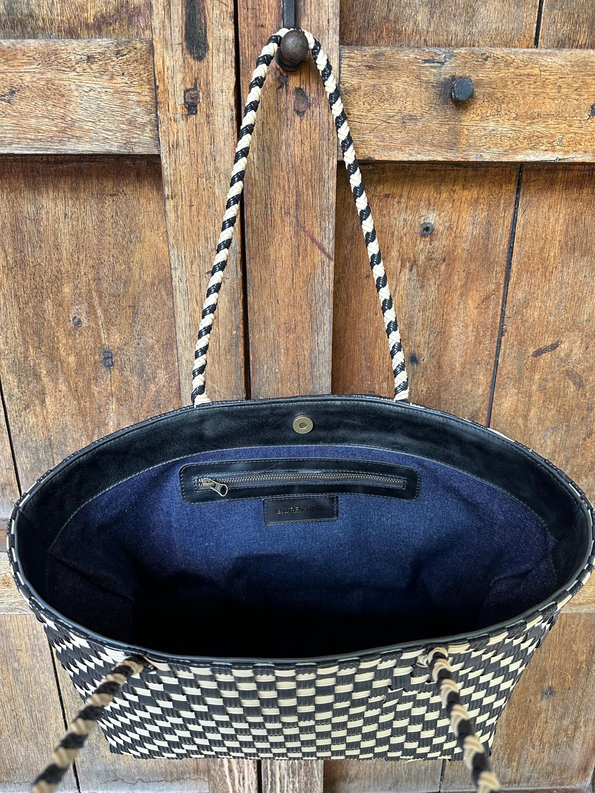 Interior upcycled denim lining of the Isla Tote beach bag by Lauren Reed Co.