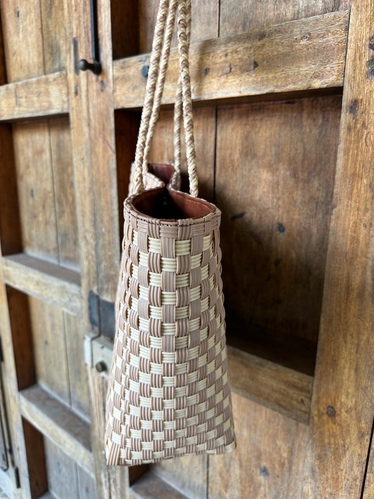 Handmade sustainable beach bag in tan and cream with upcycled denim lining