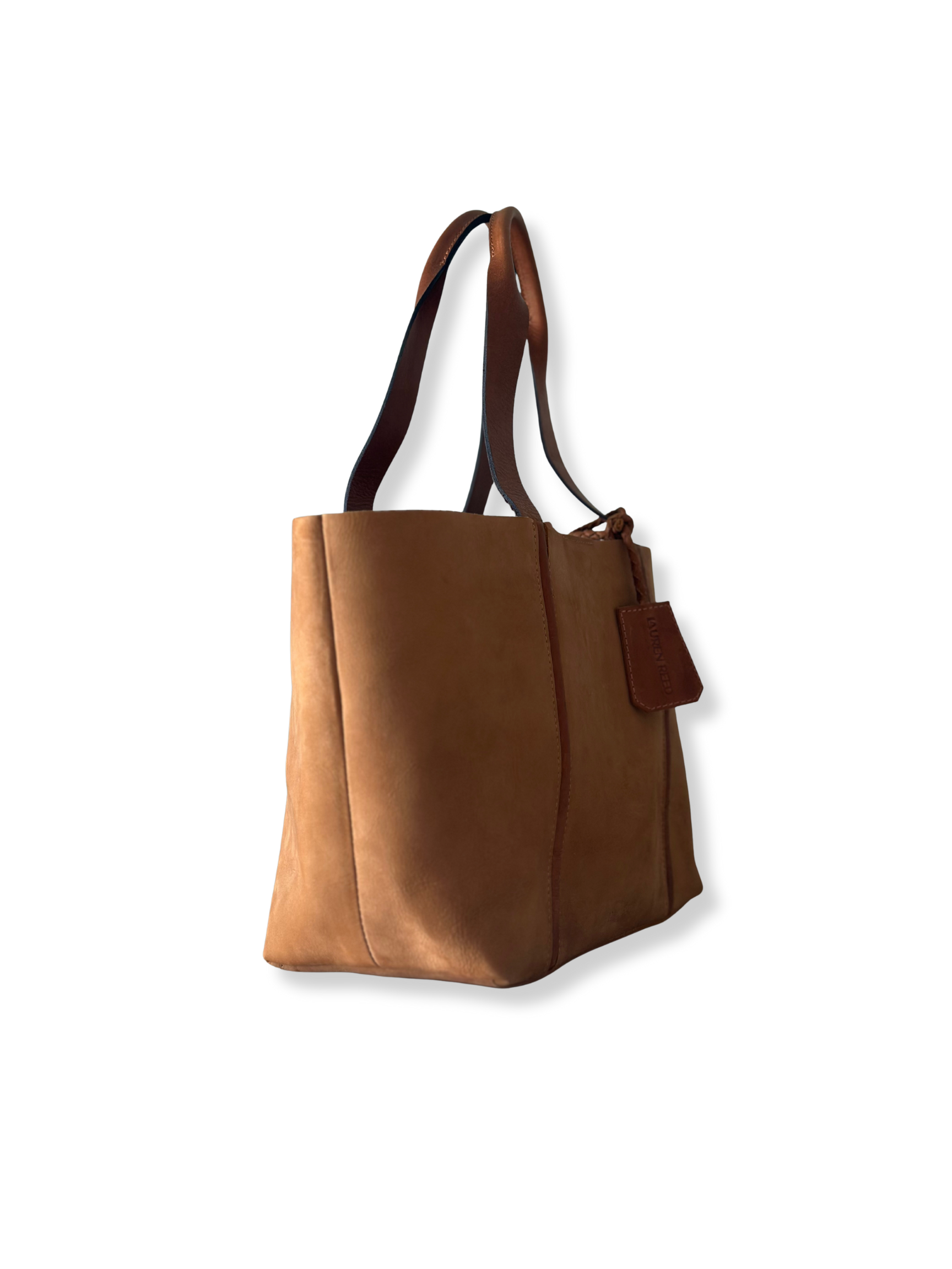 Brown Nubuck leather tote bag on a white background