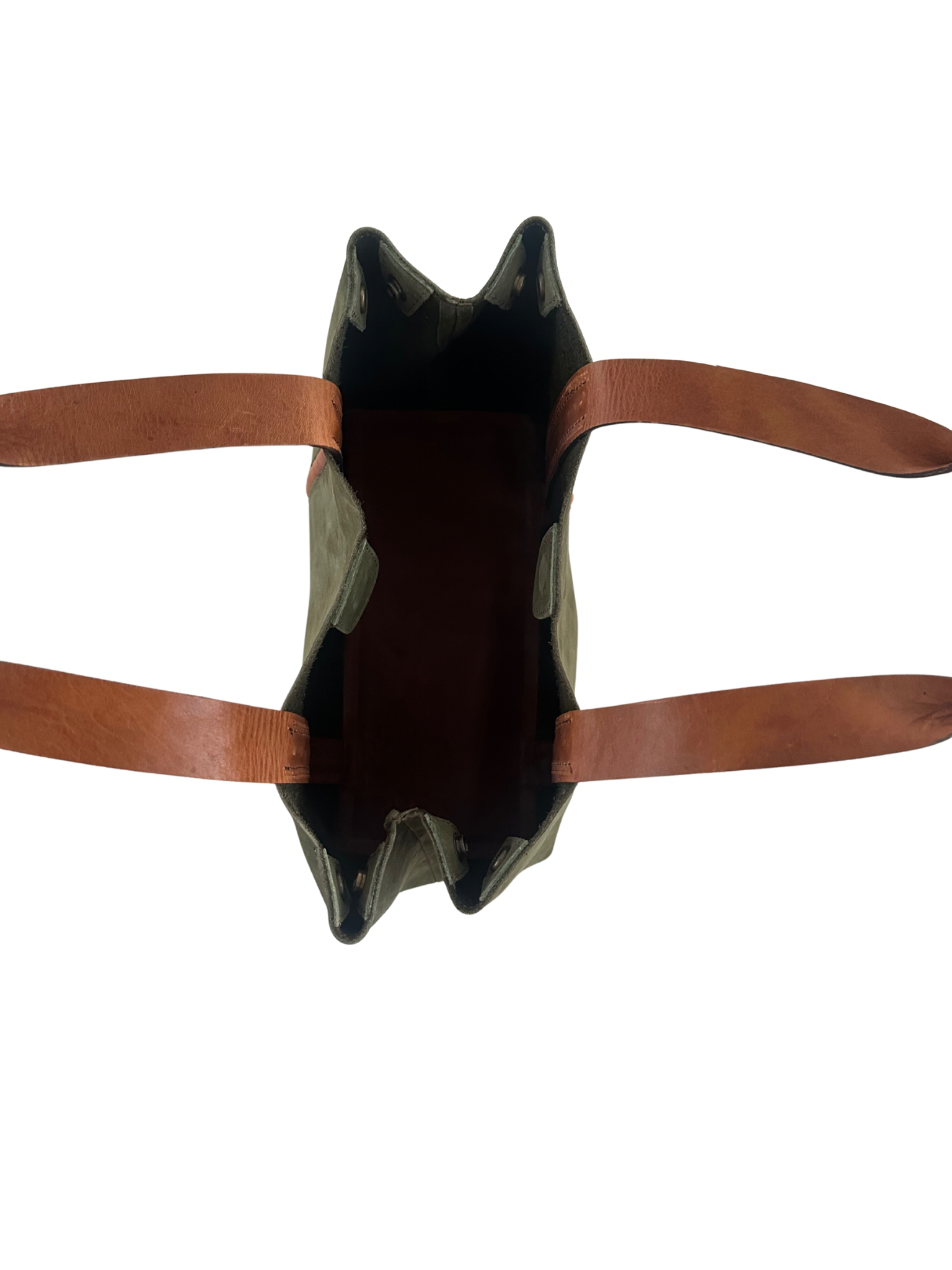 Green leather bag with brown straps on a white background