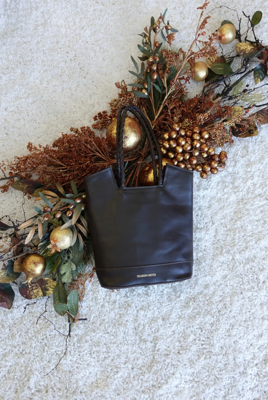 Chocolate Brown leather tote bag purse with winter decor 