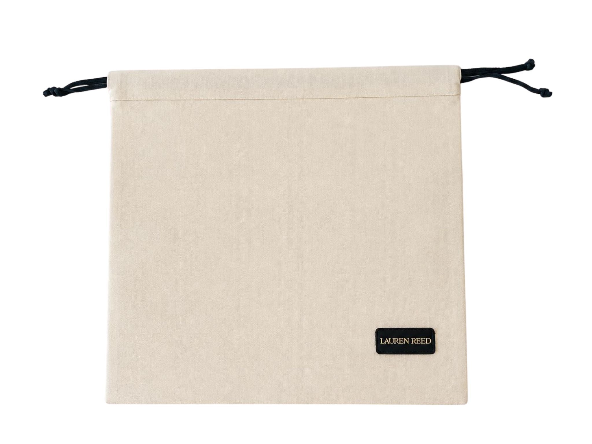 Beige drawstring dust bag with 'Lauren Reed' logo on a white background