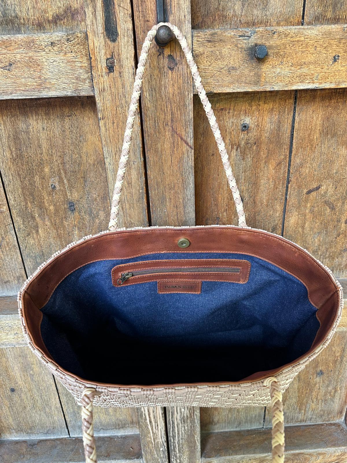 Interior upcycled denim lining of the Isla Tote beach bag by Lauren Reed Co.