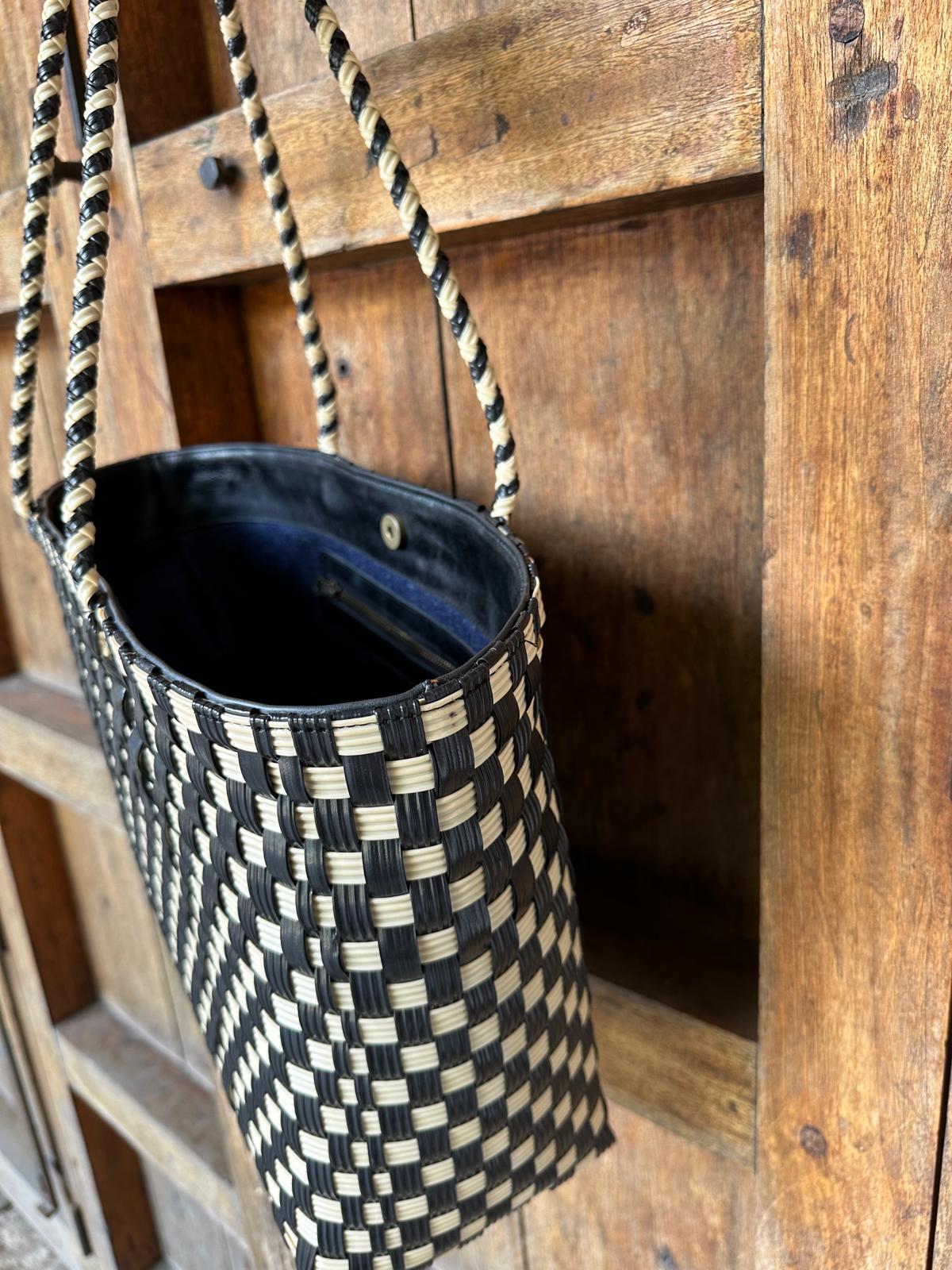 Black and cream handwoven artisan beach tote bag with leather trim