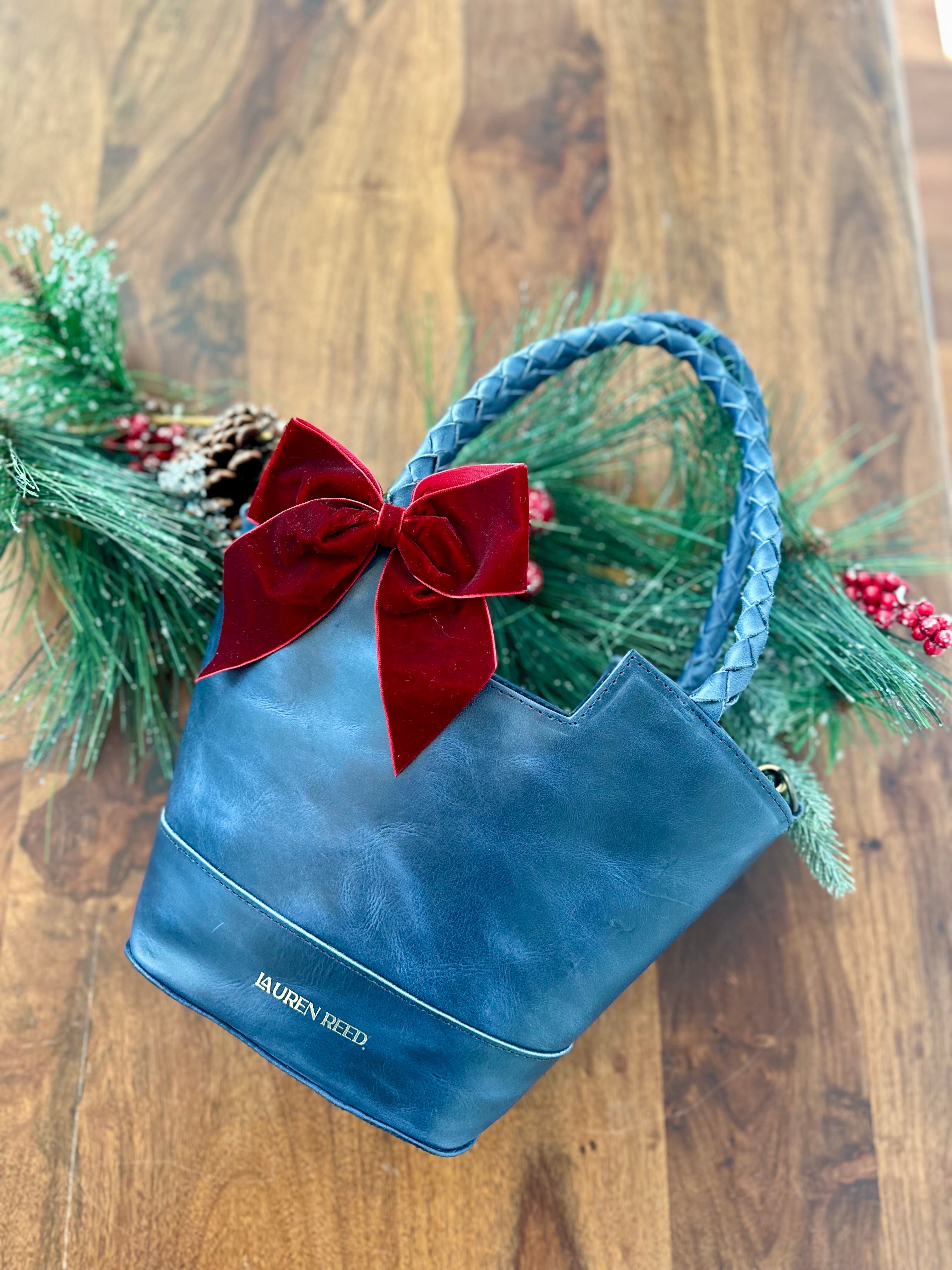 Blue Leather Purse with holiday bow